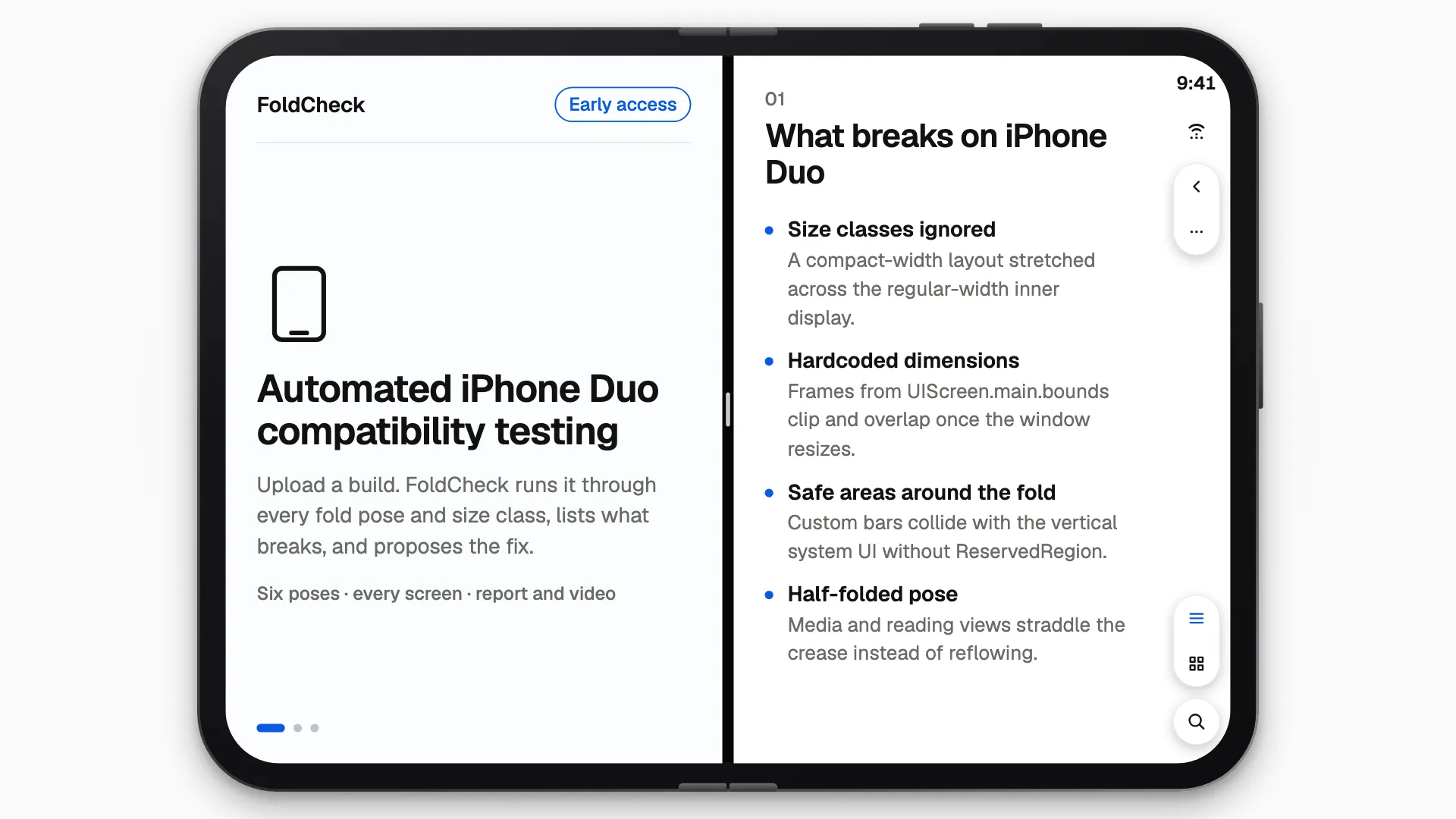 FoldCheck presented on an open iPhone Duo: the cover on the left pane, and on the right pane three slides: what breaks on iPhone Duo, the six poses ticking off, and a findings list with an AI recommendation.